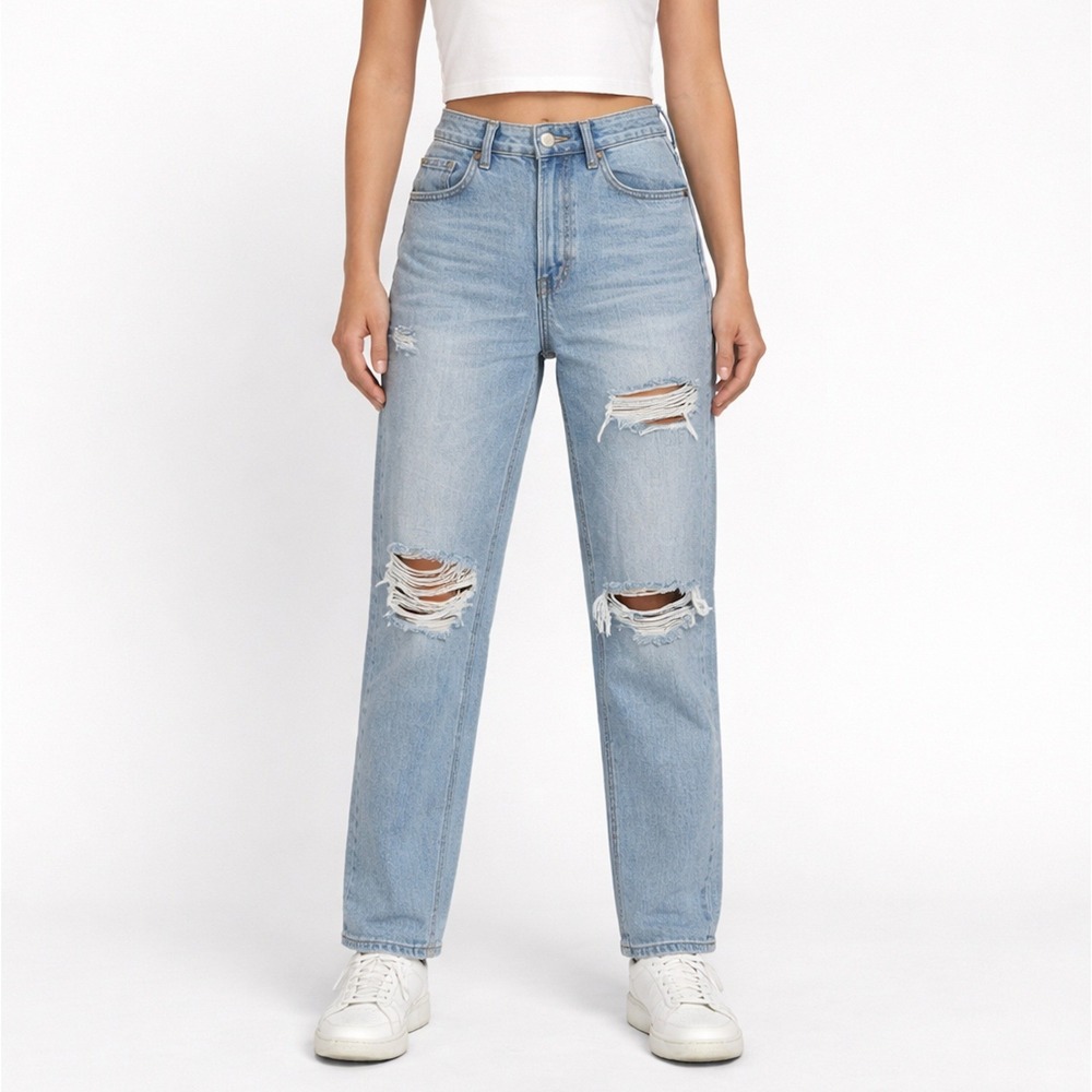 American Eagle Mom Straight Jeans Light Wash Distressed SIZE 4